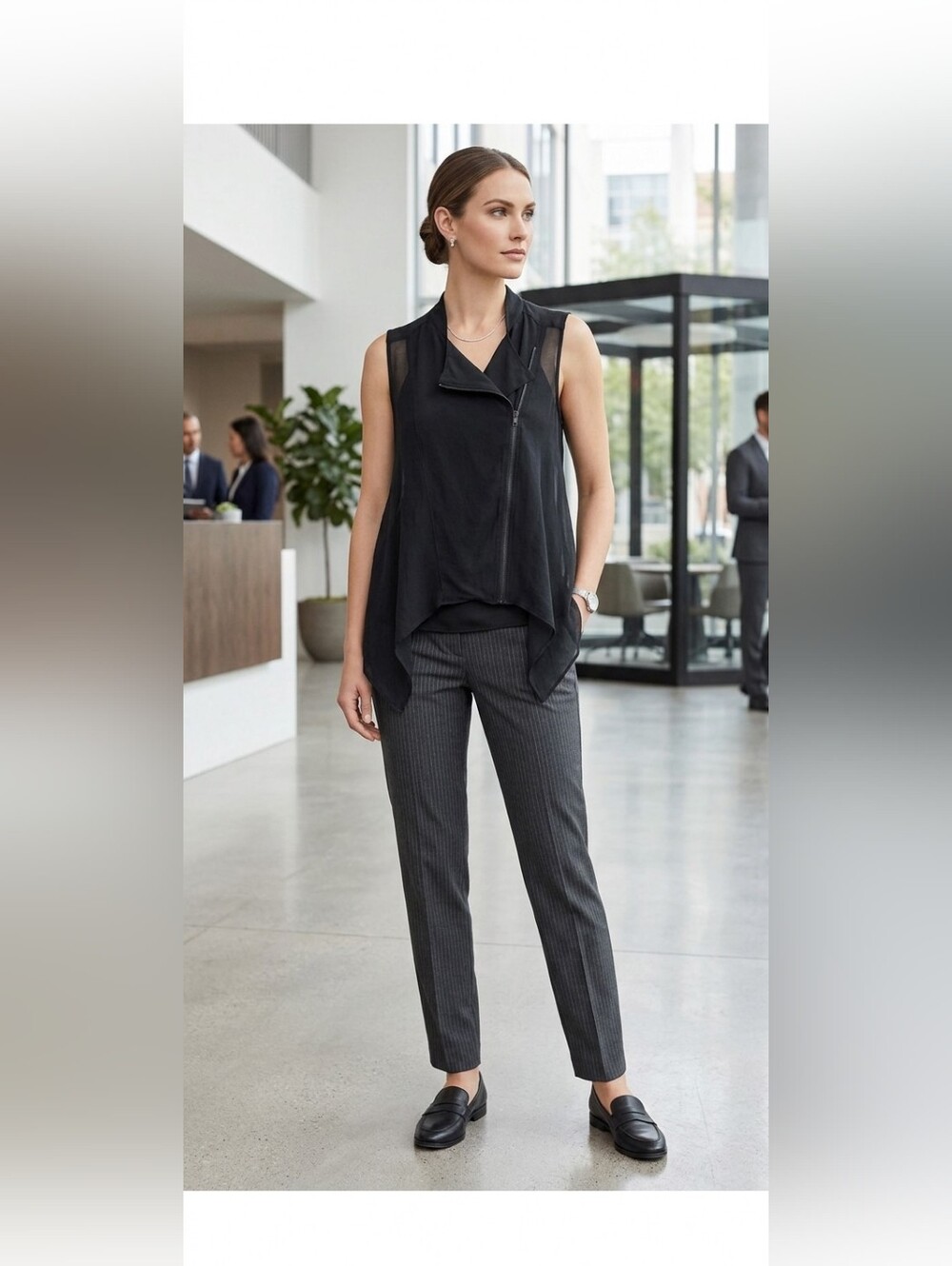 Eileen Fisher Sheer Silk Asymmetrical Vest Black Zip Front Layered Tunic Small
